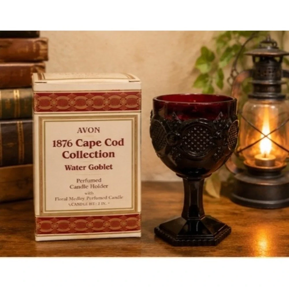 Avon 1876 Cape Cod Water Goblet Candle Holder Vintage Ruby Red Glass Victorian